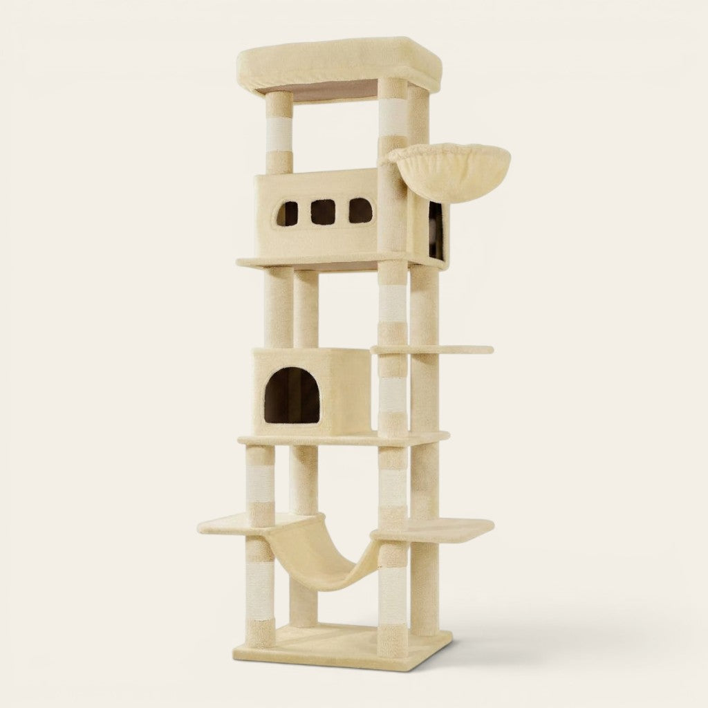 Soldes arbre à chat beige grand modèle avec niche confortable, hamac suspendu et espaces d’escalade