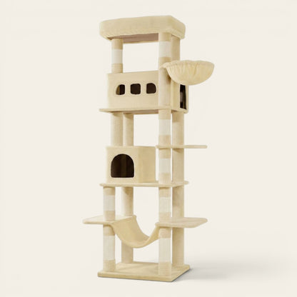 Soldes arbre à chat beige grand modèle avec niche confortable, hamac suspendu et espaces d’escalade