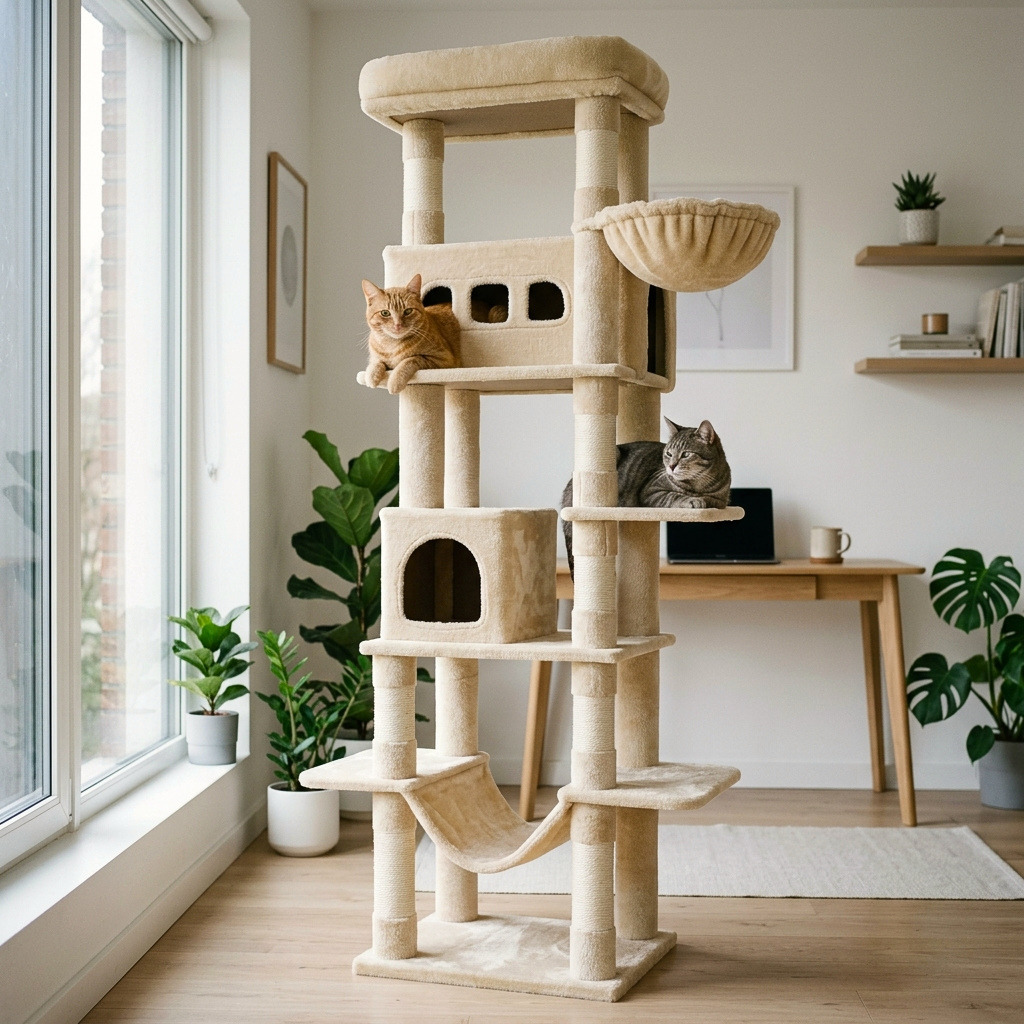 Soldes arbre à chat beige grand modèle avec niche, panier suspendu et plateforme panoramique