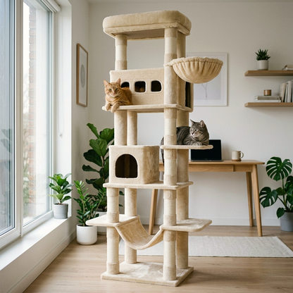 Soldes arbre à chat beige grand modèle avec niche, panier suspendu et plateforme panoramique