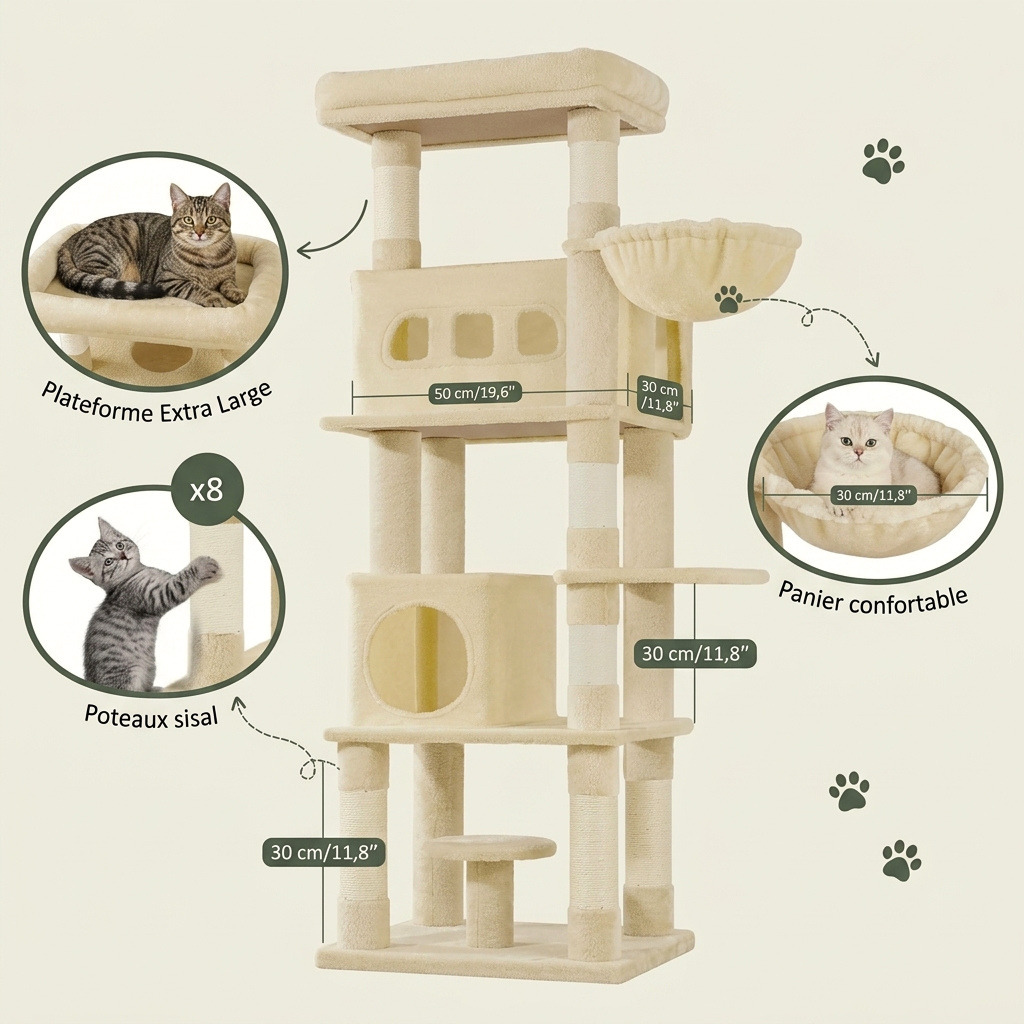 Soldes arbre à chat avec dimensions détaillées, plateforme extra large, panier confortable et poteaux en sisal