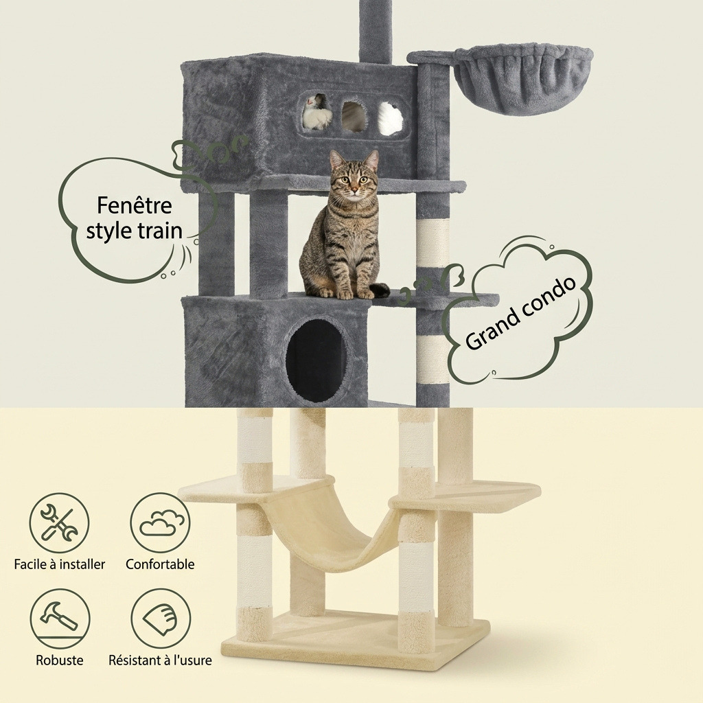 Soldes arbre à chat avec grande niche de repos, plateforme surélevée et panier suspendu pour chat adulte