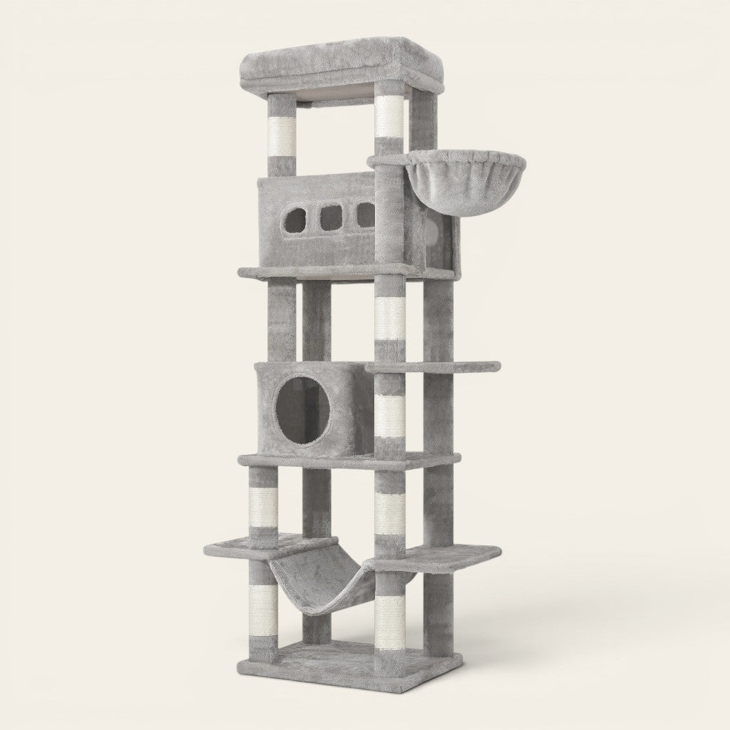 Soldes arbre à chat gris clair avec plateforme supérieure, niche spacieuse et panier suspendu pour chat
