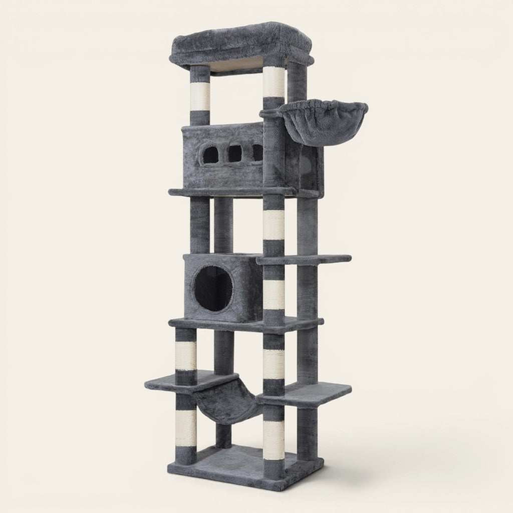 Soldes arbre à chat gris foncé avec niche de repos, hamac suspendu et plateforme panoramique pour chat