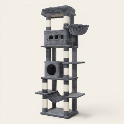 Soldes arbre à chat gris foncé avec niche de repos, hamac suspendu et plateforme panoramique pour chat