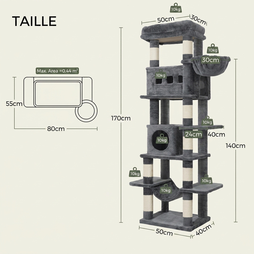 Soldes arbre à chat hauteur 170 cm avec plateformes renforcées, niche spacieuse et plusieurs zones d’escalade