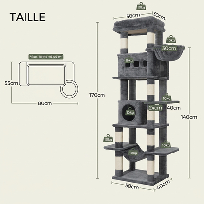 Soldes arbre à chat hauteur 170 cm avec plateformes renforcées, niche spacieuse et plusieurs zones d’escalade