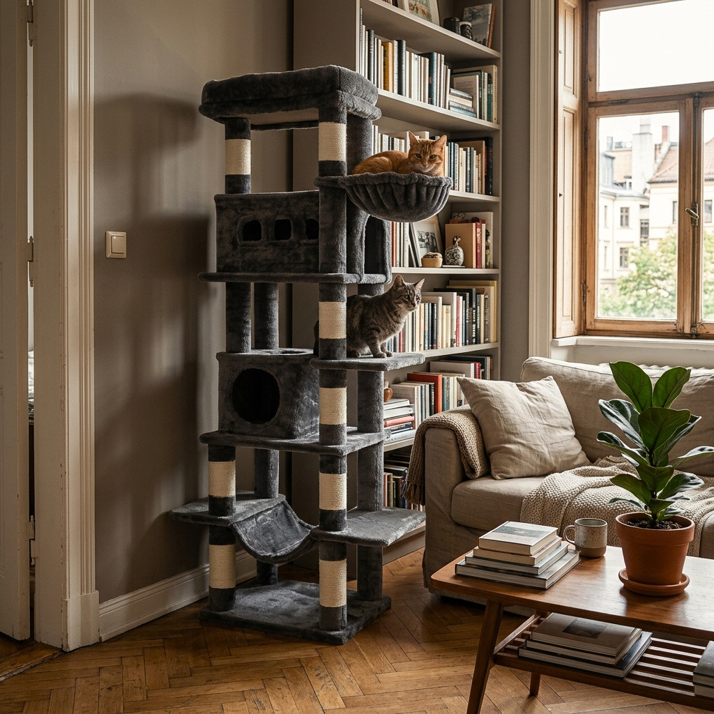 Soldes arbre à chat multi niveaux avec niches, hamac et plateformes dans un salon moderne
