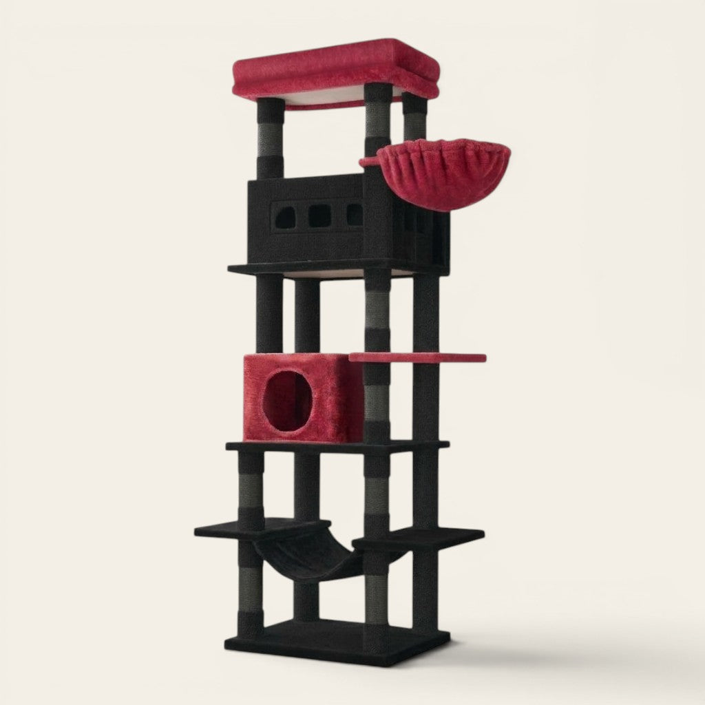 Soldes arbre à chat rouge et noir avec plusieurs niveaux, niche de repos et hamac pour chats actifs