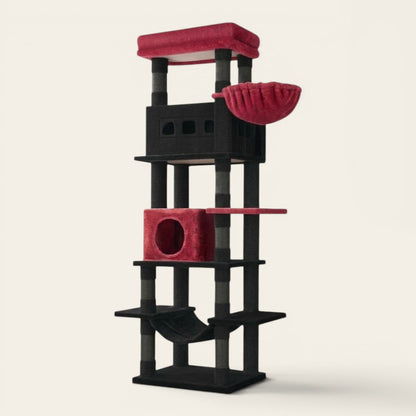 Soldes arbre à chat rouge et noir avec plusieurs niveaux, niche de repos et hamac pour chats actifs