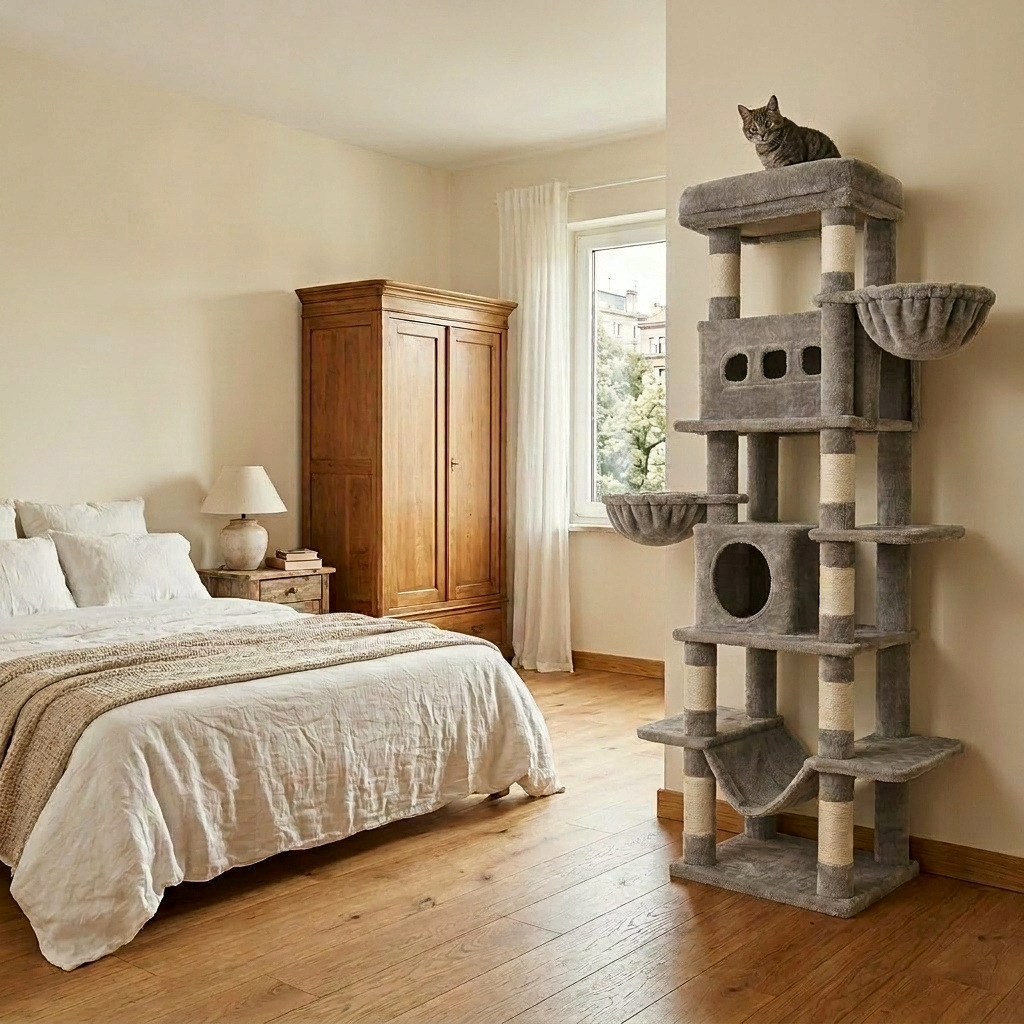 Soldes arbre à chat très grand installé dans une chambre avec plusieurs plateformes et espaces de repos