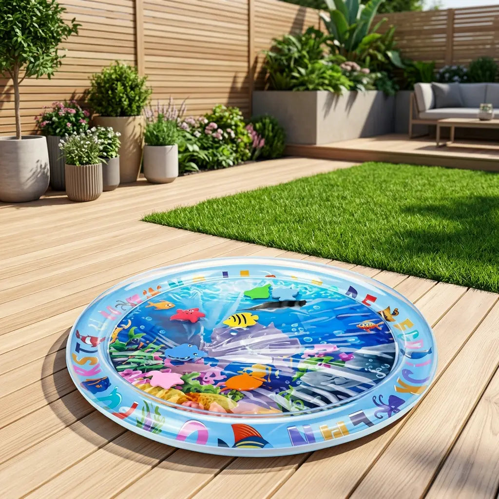 tapis interactif pour chat avec eau et poissons colorés posé sur une terrasse en bois