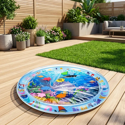 tapis interactif pour chat avec eau et poissons colorés posé sur une terrasse en bois