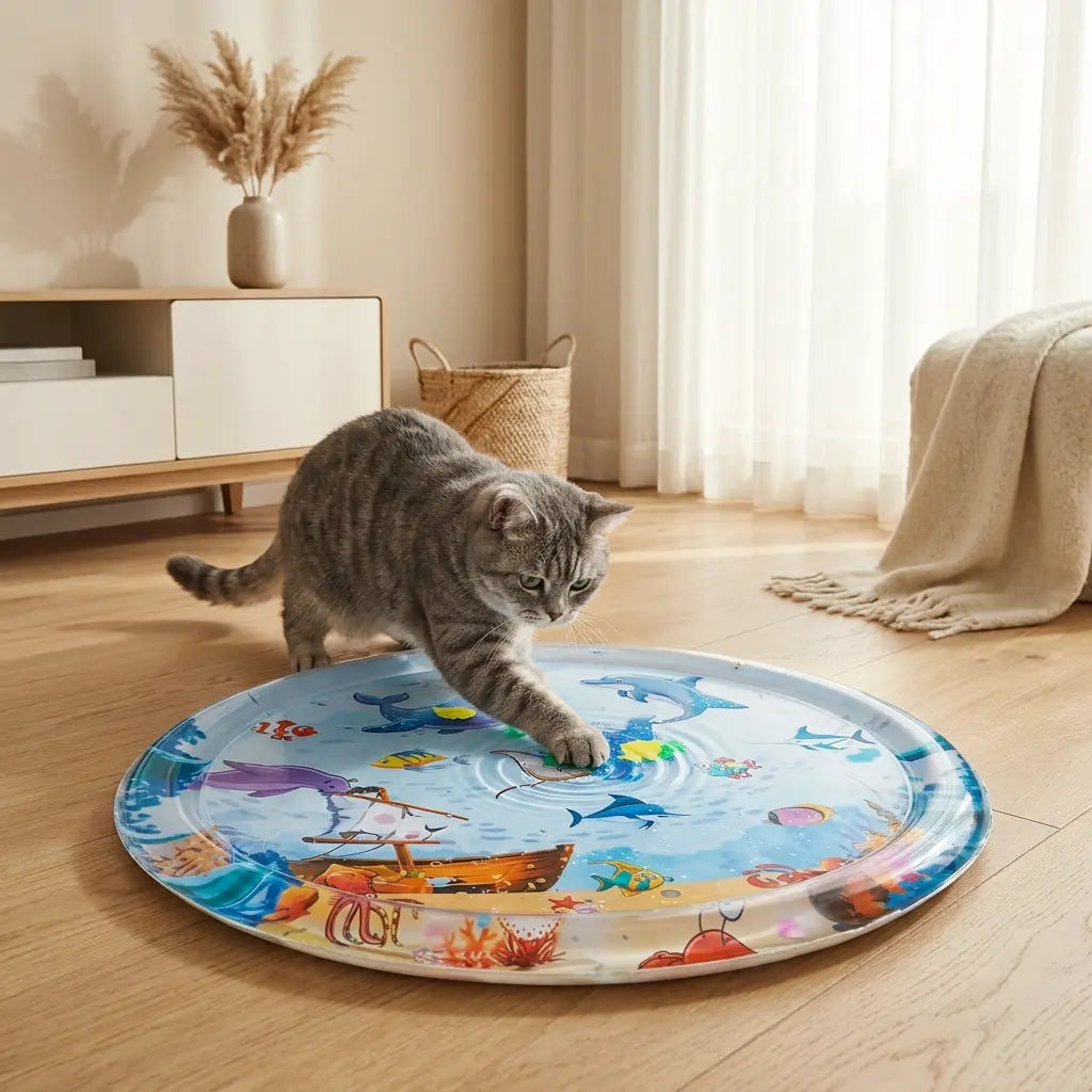 chat qui joue avec un tapis interactif pour chat rempli d eau avec motifs marins