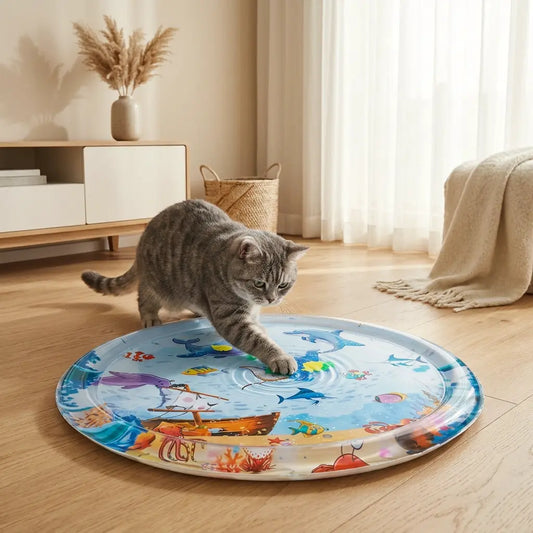 chat qui joue avec un tapis interactif pour chat rempli d eau avec motifs marins