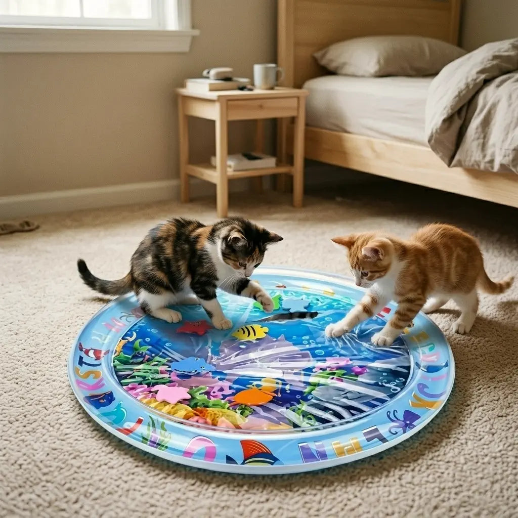 deux chats qui s amusent sur un tapis interactif pour chat avec eau et poissons colorés
