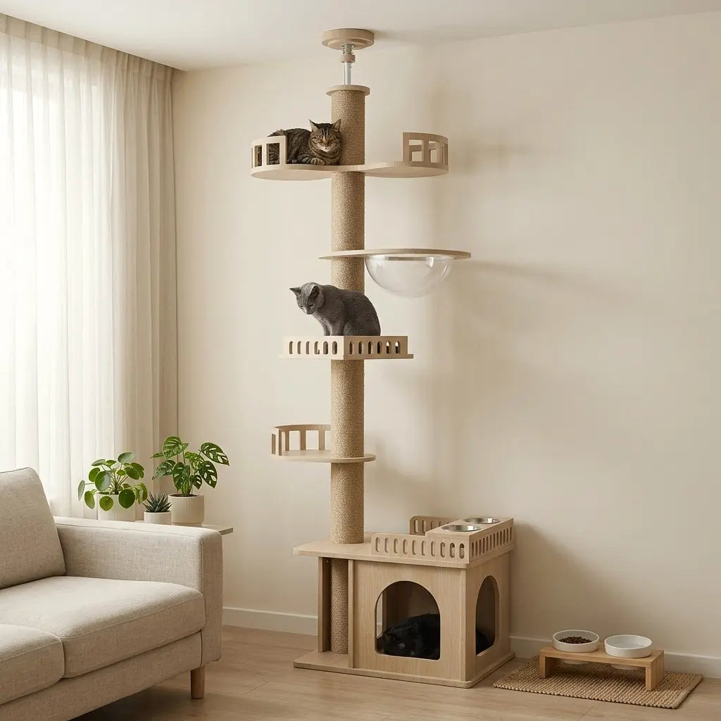 tour griffoir pour chat avec niche intégrée plateformes et espace repas avec gamelles