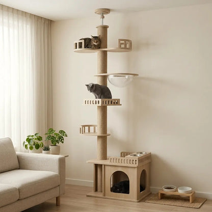 tour griffoir pour chat avec niche intégrée plateformes et espace repas avec gamelles