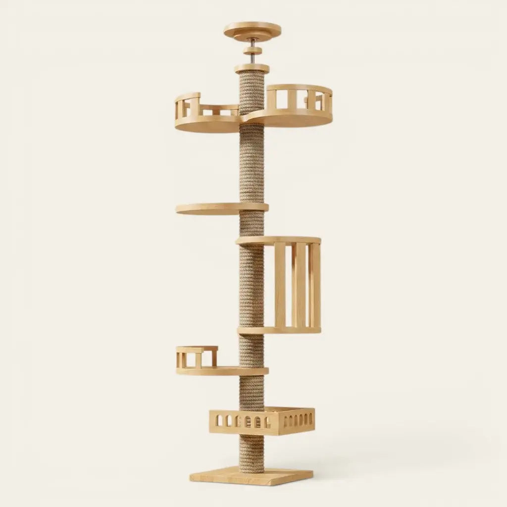 Tour griffoir pour chat avec niche verticale, plateformes sécurisées et poteau à griffer en sisal naturel.