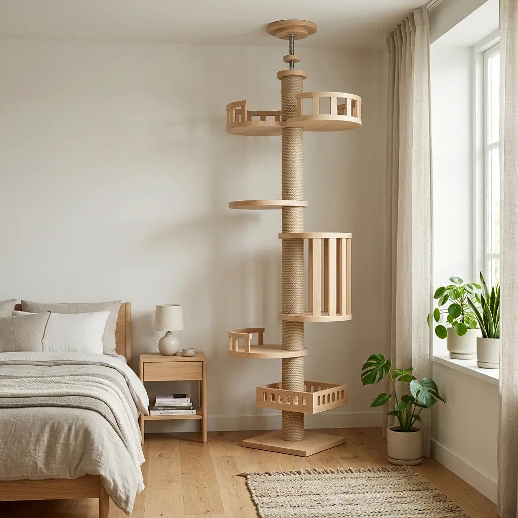 tour griffoir pour chat en bois design installé dans une chambre avec plusieurs niveaux