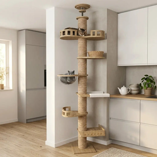 tour griffoir pour chat design installé dans une cuisine moderne avec plateformes et niche bulle