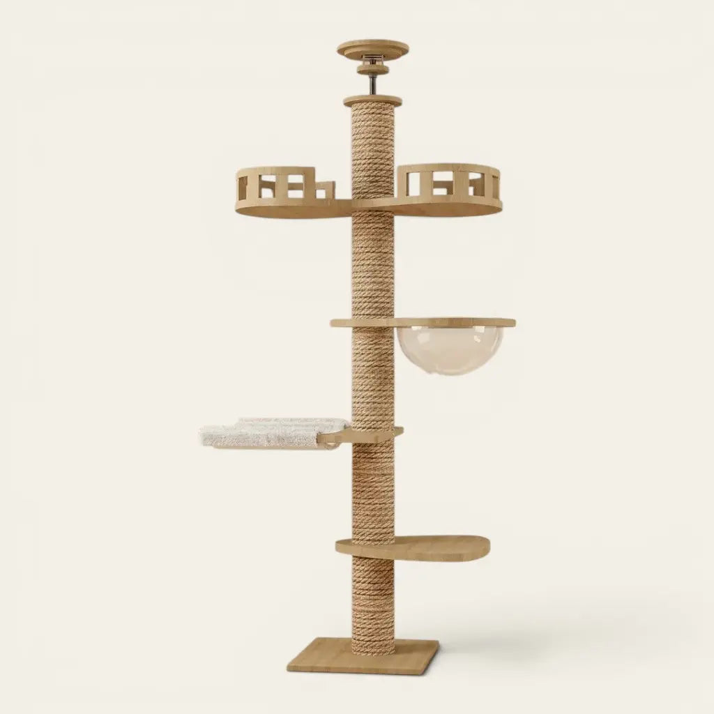 Tour griffoir pour chat design avec couchage suspendu, plateforme moelleuse et espace d’observation en hauteur.