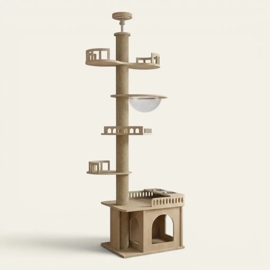 Grande tour griffoir pour chat avec niches en hauteur, couchage bulle et poteau griffoir vertical.