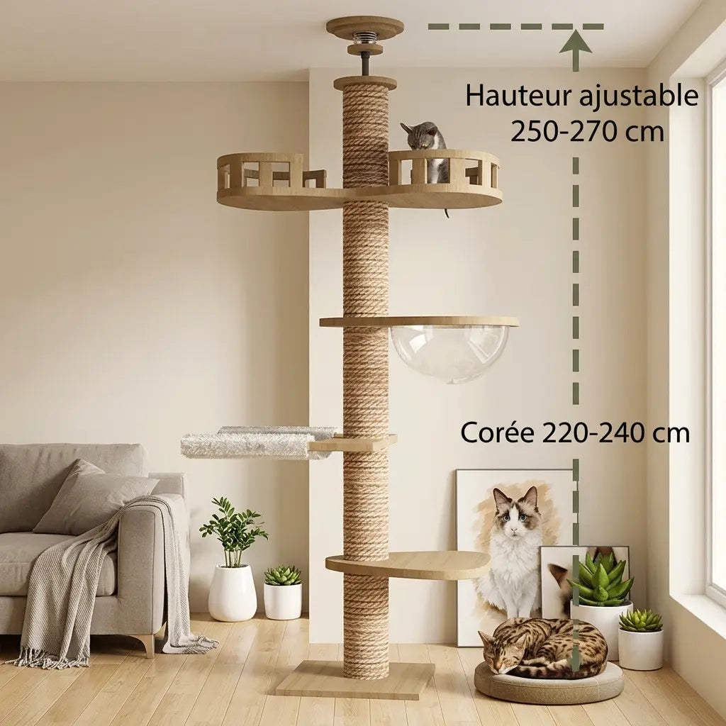 tour griffoir pour chat avec hauteur ajustable de 250 à 270 cm installée dans un salon