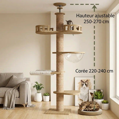 tour griffoir pour chat avec hauteur ajustable de 250 à 270 cm installée dans un salon