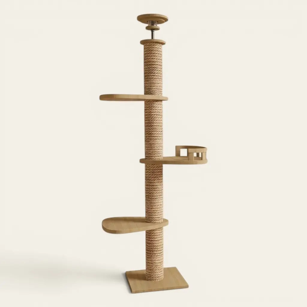Tour griffoir pour chat moderne avec plateformes panoramiques et poteau à griffer en sisal naturel.
