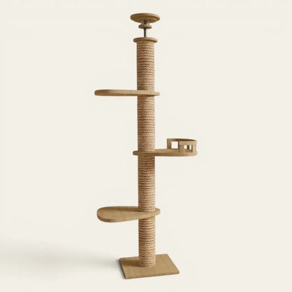 Tour griffoir pour chat moderne avec plateformes panoramiques et poteau à griffer en sisal naturel.