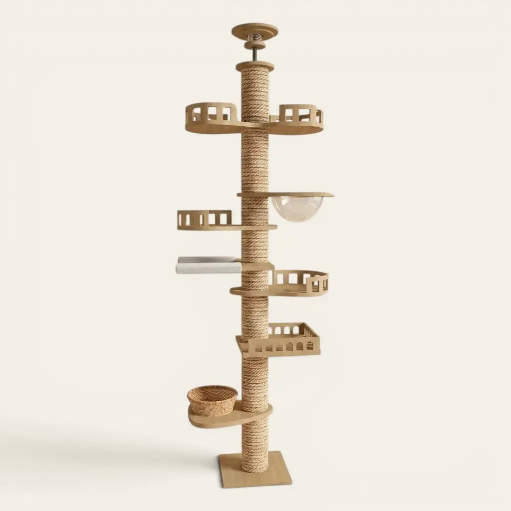 Tour griffoir pour chat multiniveaux avec panier de repos, couchage suspendu et plateformes d’escalade pour chat d’intérieur.