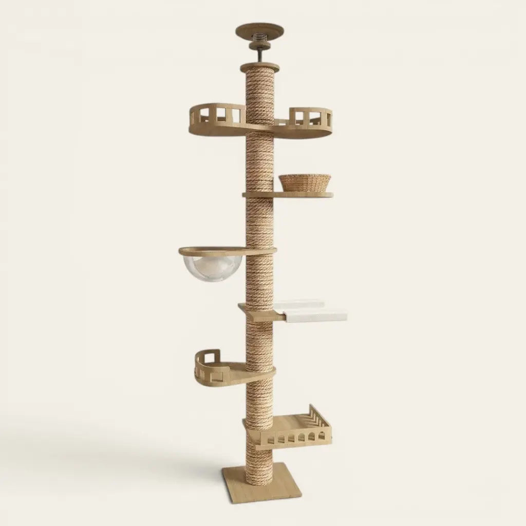 Tour griffoir pour chat premium en bois avec panier de repos, bulle transparente et plateformes sécurisées.