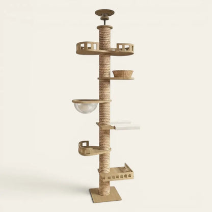 Tour griffoir pour chat premium en bois avec panier de repos, bulle transparente et plateformes sécurisées.