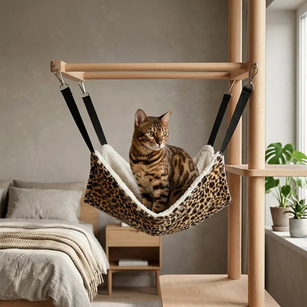 transat pour chat fixé sur un arbre à chat avec motif léopard confortable