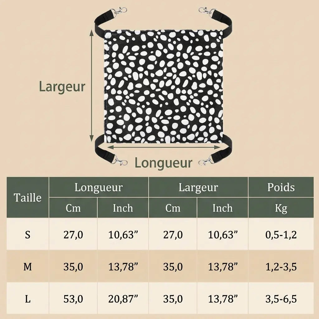 guide des tailles pour transat pour chat avec dimensions largeur longueur et poids