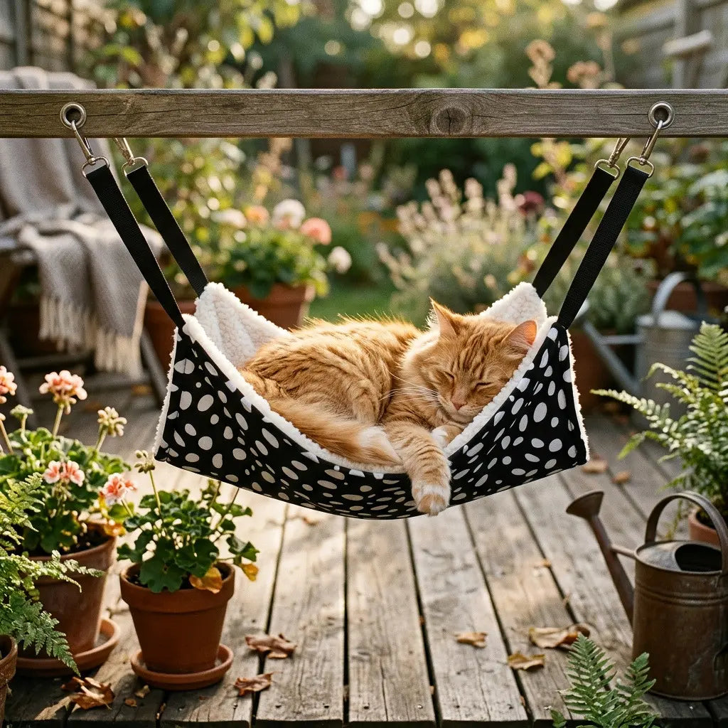 transat pour chat suspendu en extérieur dans un jardin avec chat allongé