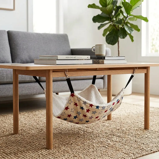 transat pour chat installé sous une table basse dans un salon moderne